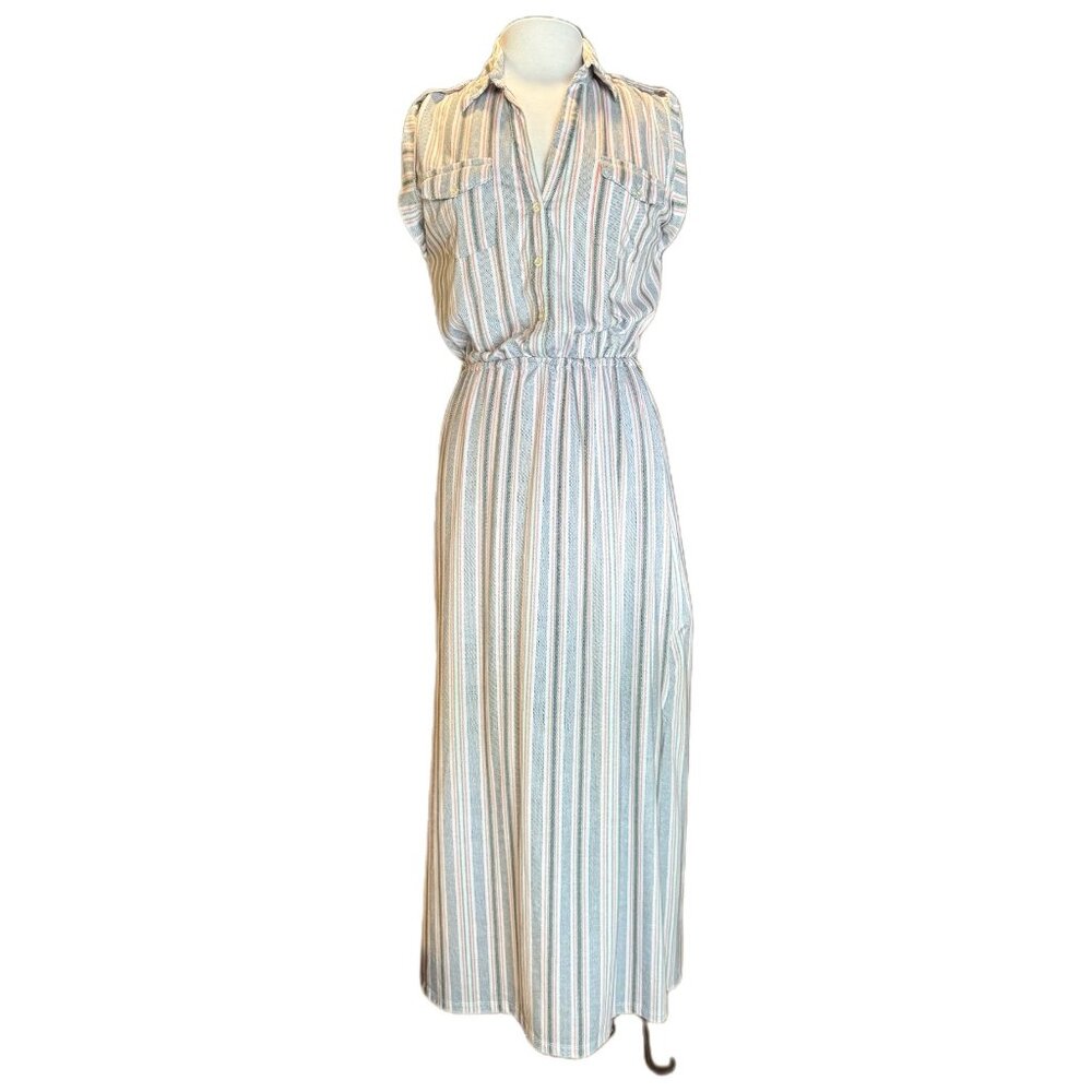 No Comment Sleeveless Striped Button Casual Maxi Dress Pockets Large Blue Pink